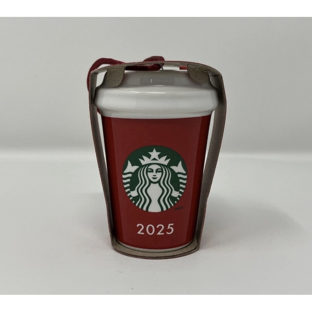 New Starbucks 2025 Holiday Red Ceramic Mini Hot Cup Cheers Tree Ornament RARE